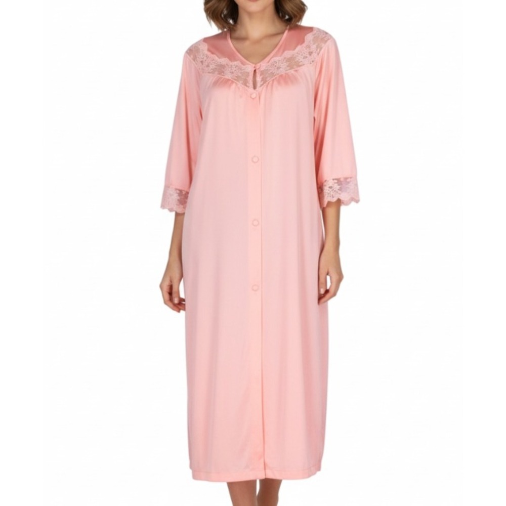 VTG HENSON KICKERNICK Pink NYLON Sheer Lace Detail SIDE POCKETS Lounge ROBE Sz M